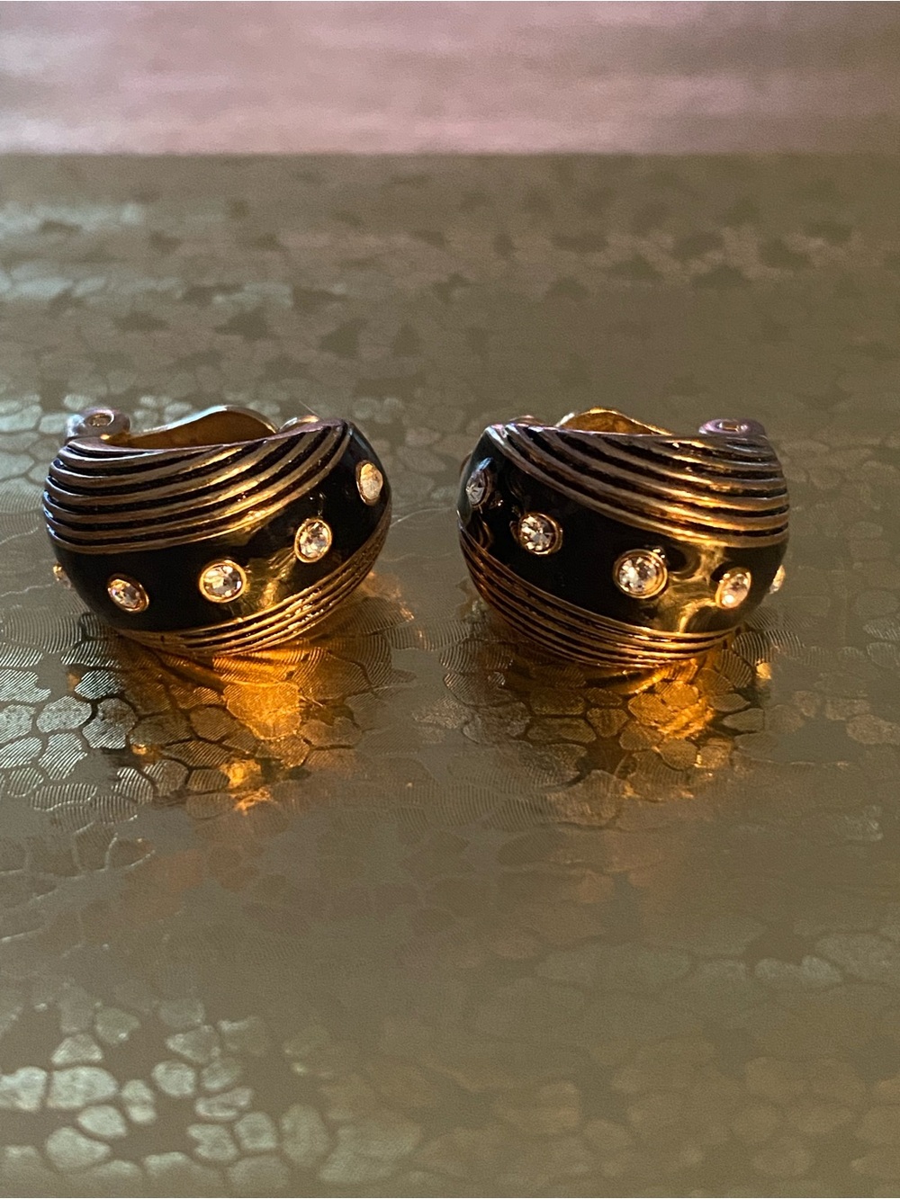 Vintage New Gold-Tone Black Enamel Clip-On Earrings with Crystal Accents